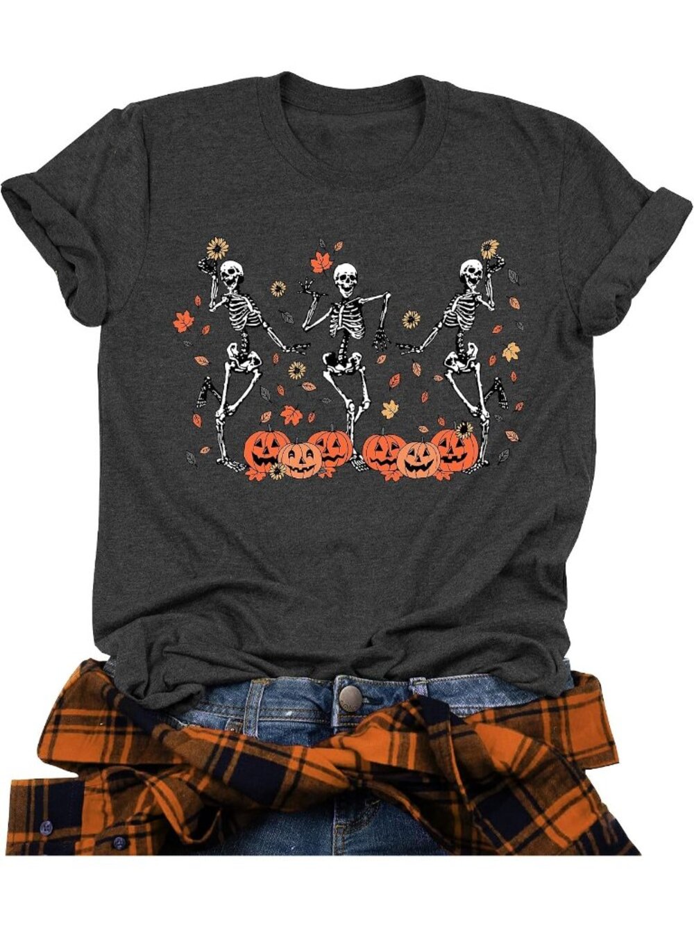 🆕 Women's Charcoal Gray Dancing Skeleton Pumpkin Halloween Graphic Tee